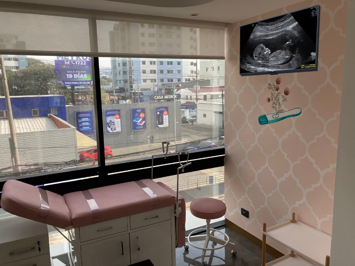 Camilla ginecológica junto al ventanal y monitor de ultrasonido